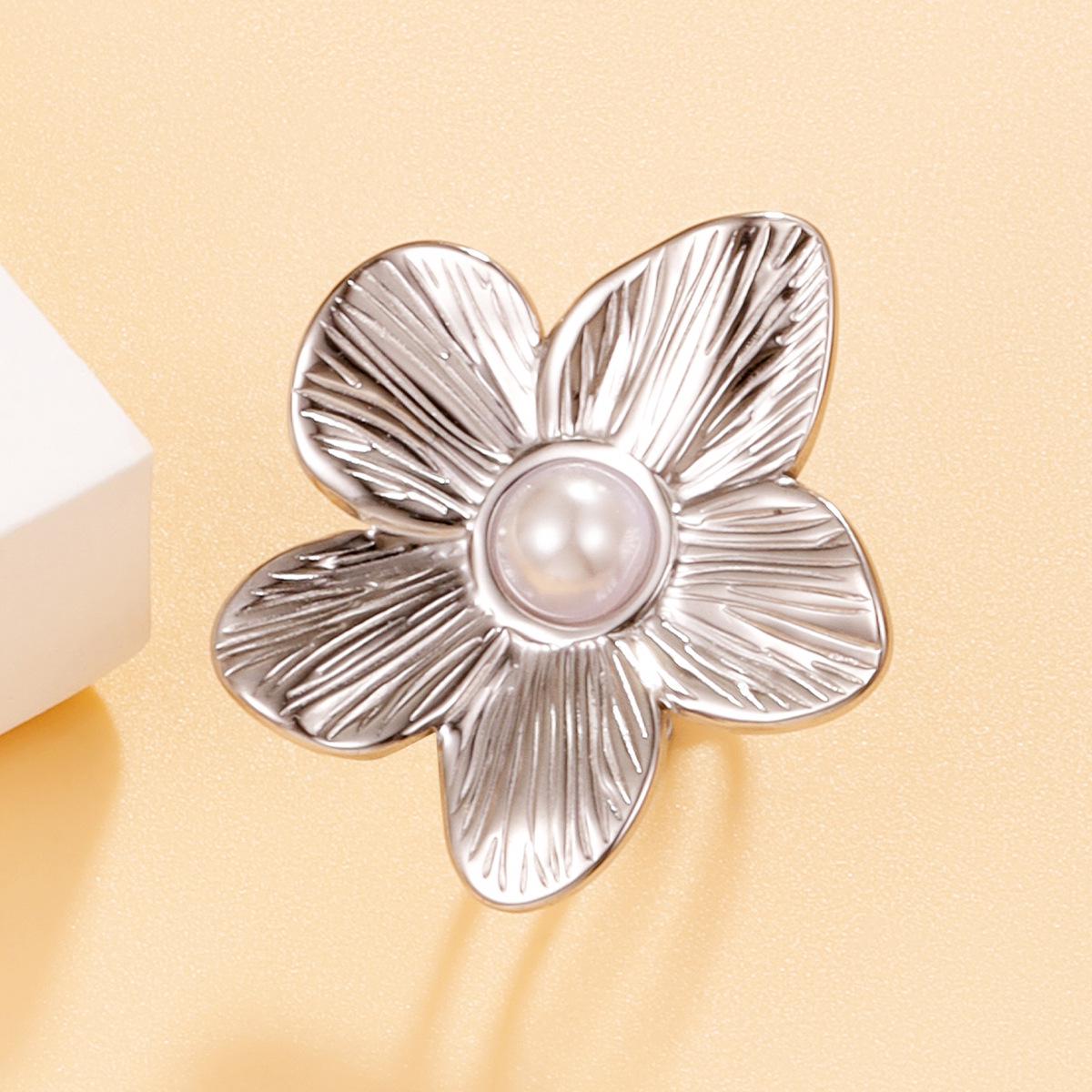 Elegant Holiday Pearl Flower Ring - Women s Open Stainless Steel Ring with 18K Gold Vacuum Plating.