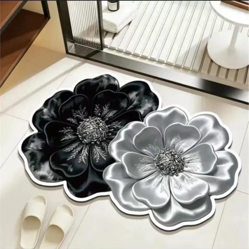 French-Style Light Luxury Bathroom Floor Mat, Water-Absorbent, Non-Slip, Quick-Drying Foot Mat, Stain-Resistant Toilet Door Mat, Floral Design