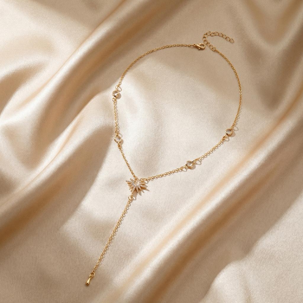 Sexy Rhinestone Long Necklace for Women Gold Color Water Droplet Sun Zircon Pendant Tassel Choker Party Accessories Jewelry Gift