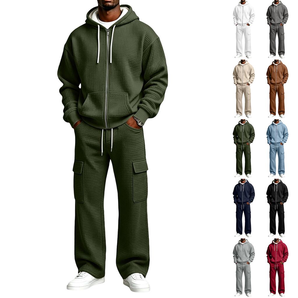 Winter Hooded Sweatshirt Jacket and Cargo Sweatpants Set, 2 Piece Casual Sweatsuit