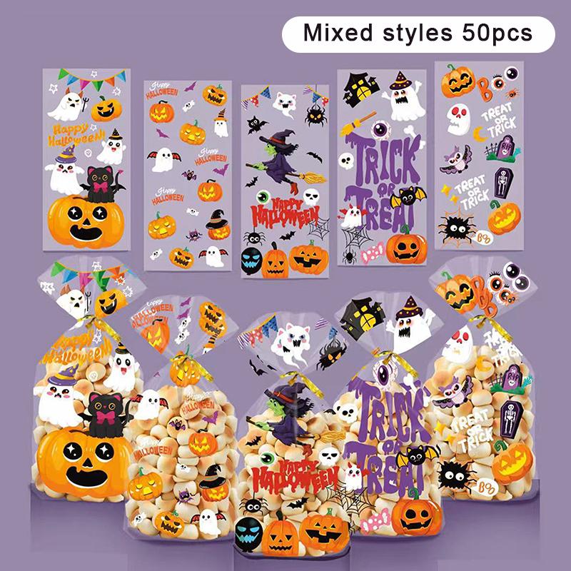 50Pcs  Halloween Candy Bag Pumpkin Halloween Gift Bags Plastic Treat Packing Bags Halloween Party Decoration Supplies