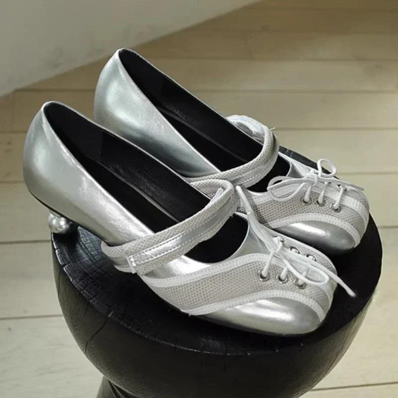 Fashion Luxury Designer High Heeled Ballet Shoes Woman Casual Square Toe Loafers Strange Style Cross Tied Shallow Silver Mary Jane Shoes