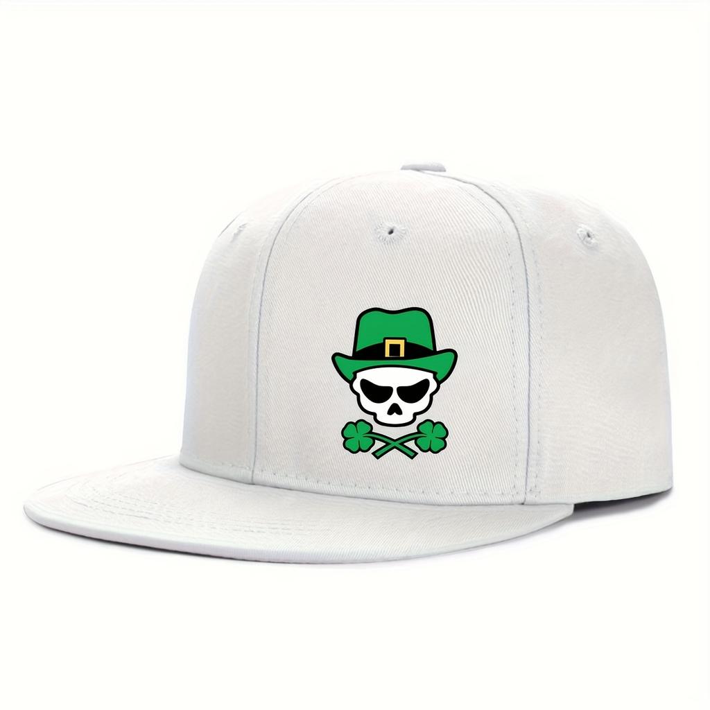 St Patrick Skull Shamrock Print Baseball Cap Unisex Polyester Adjustable Flat Brim Casual Hat