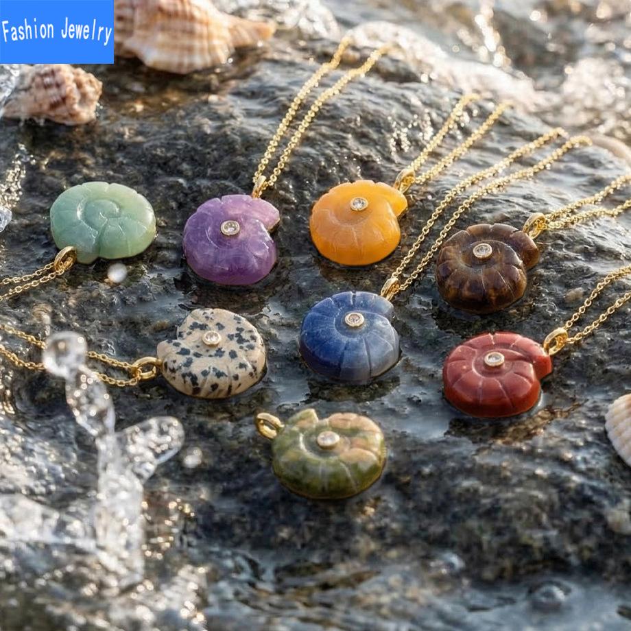 Ocean style carved natural stone conch pendant zircon shell lapis lazuli crystal necklace jewelry