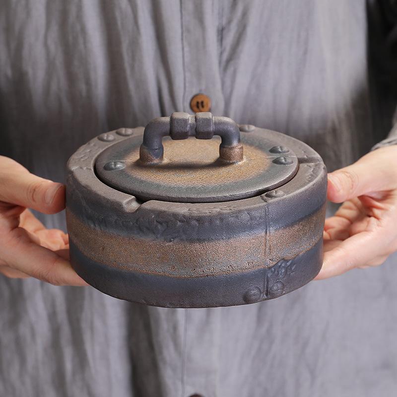 Anti-retro rock mud smoke tank with lid Cigarette butt slag tank ceramic tea table jar stoneware ashtray storage