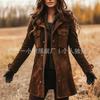 Womens Retro Brown Suede Jacket Loose Fit Mid-Length Casual Coat With Lapel Collar Zipper