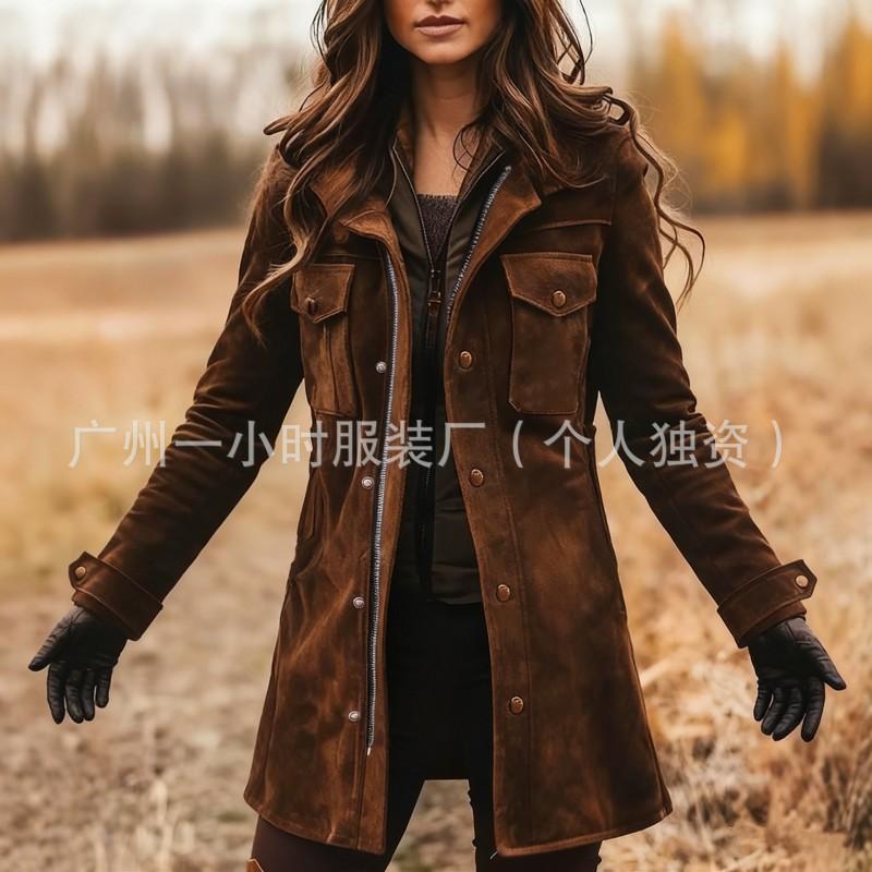 Womens Retro Brown Suede Jacket Loose Fit Mid-Length Casual Coat With Lapel Collar Zipper