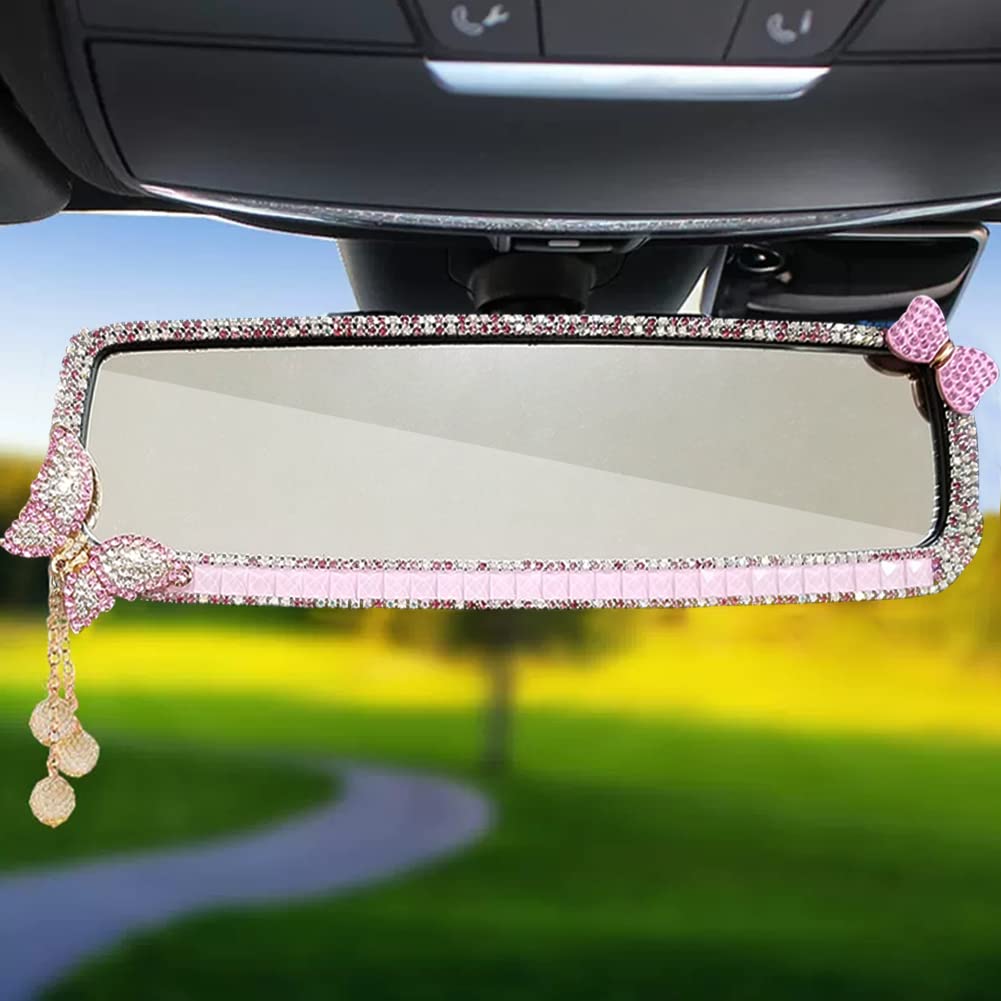 YUYAKESHI Diamond Sparkling Room Mirror Stylish Interior Car Rearview Mirror Decoration, Trim, Accessories, (Butterfly + Ribbon)