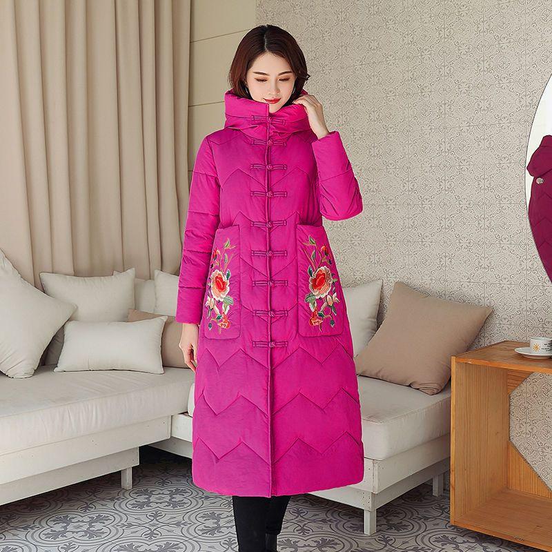 Ethnic Style Down Padded Jacket Women's Mid-length Embroidered Over-the-knee Padded Jacket Chinese Style Padded Jacket Thickened Winter Clothes