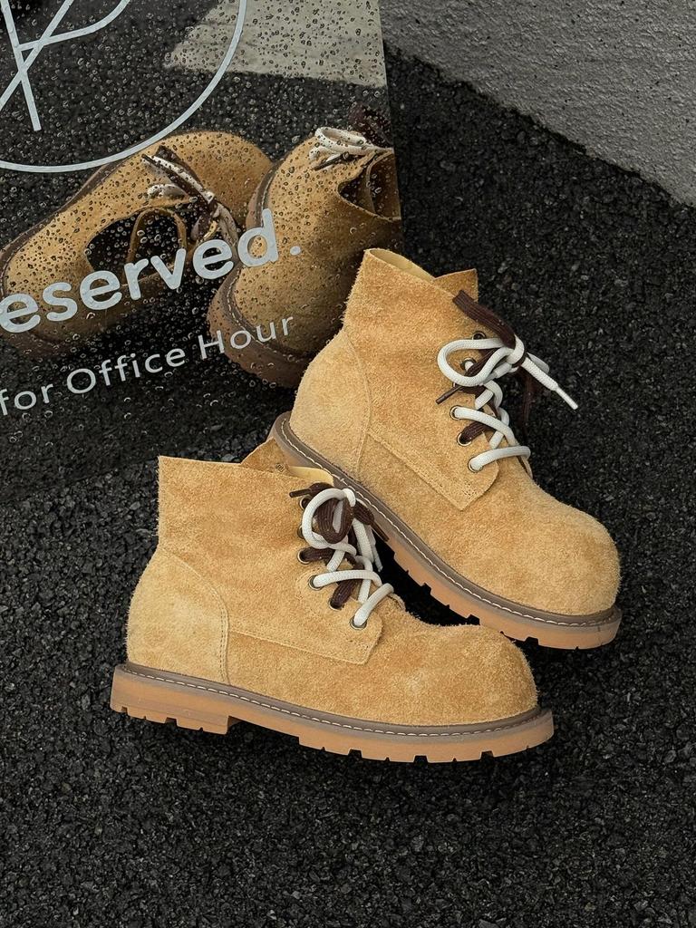 Fashion 2025 Autumn and Winter New High-rise Boots Soft Leather Soft Sole Retro Women's Short Boots Work Boots