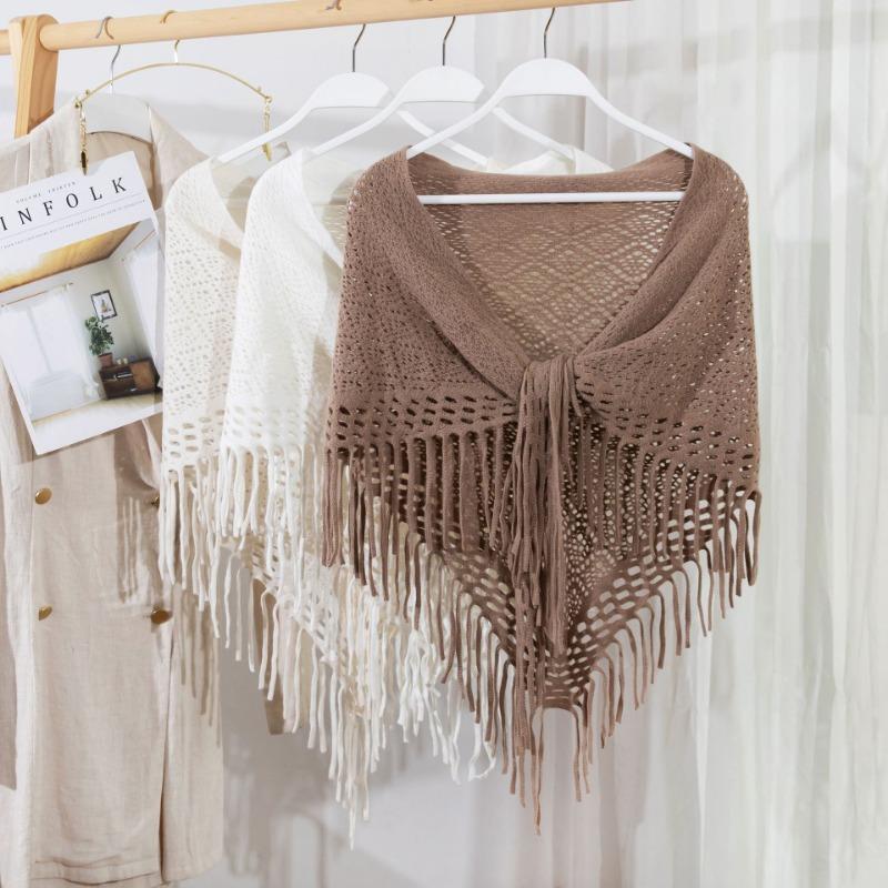 Fashionable Knitted Triangle Scarf Solid Color Tassel Korean Style For Unisex