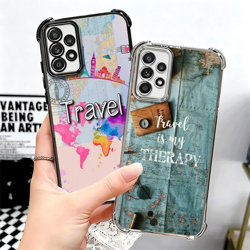 Travel Map Artistic Pattern Plating Phone Case For Samsung A17 A07 A37 A57 A16 A56 A15 A55 A14 A54 A13 A53 A26 A36 A25 A35 A24 A