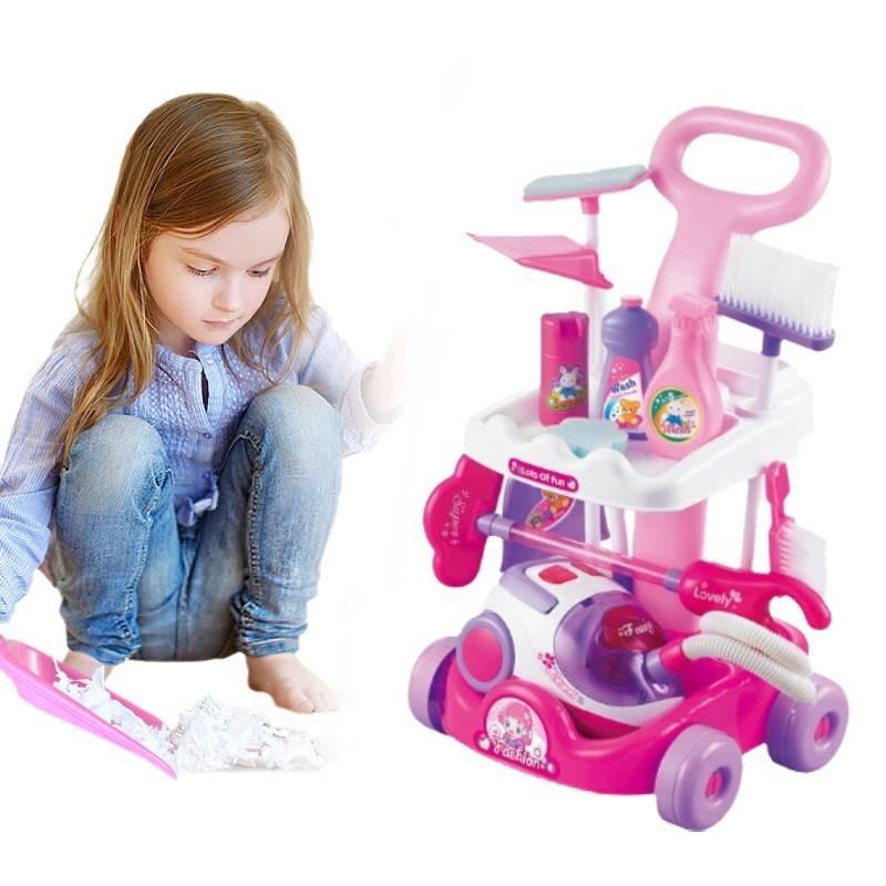 Interactive Kids Play Vacuum Set Plastic Cleaning Tool Cart With Ice Cream Cash Register