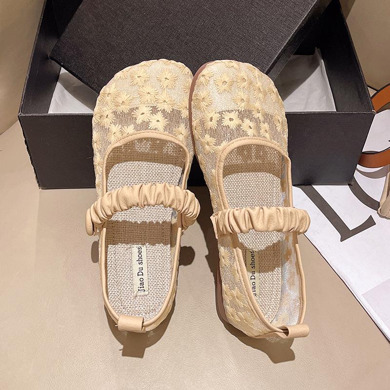 

Fashion Versatile single shoes elastic band breathable mesh flat bottom soft fairy style flower ballet style 2024 new 35