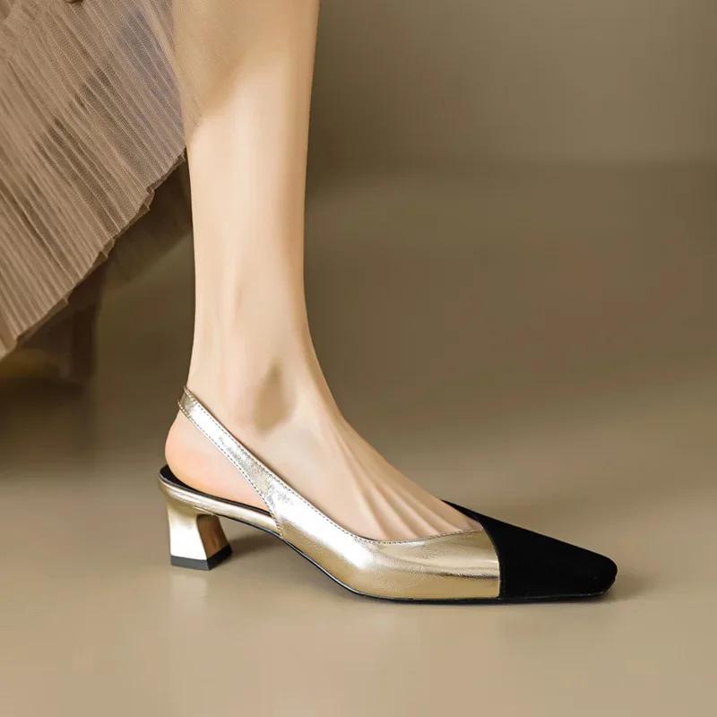 Women Square Toe Sandals Black Toe Patchwork Pumps Gold Sliver Slingbacks Mid Heels Summer Female Dress Shoes Plus Size 41