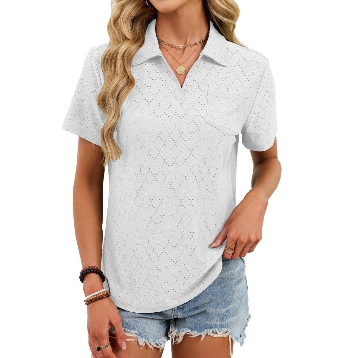 

Women s Summer Polo Shirt Loose Short Sleeve T-Shirt With Pocket Casual Tops L белый