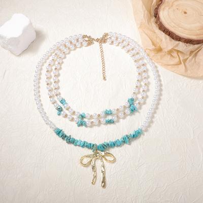 Personalized Trend Handmade Beads Multi-layer Stacking Alloy Bow Pendant Necklace Versatile Niche Design Sense