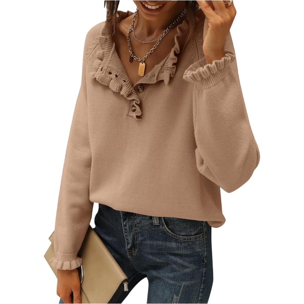 Damenmode Strick Casual Langarm Knopfleiste Rüschen Pullover