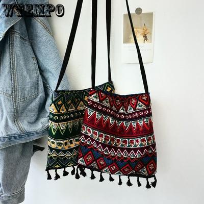 Umhängetasche im Ethno-Stil mit Quaste, Retro-künstlerische Umhängetasche, kleine Tasche, Stofftasche im Bohemian-Stil