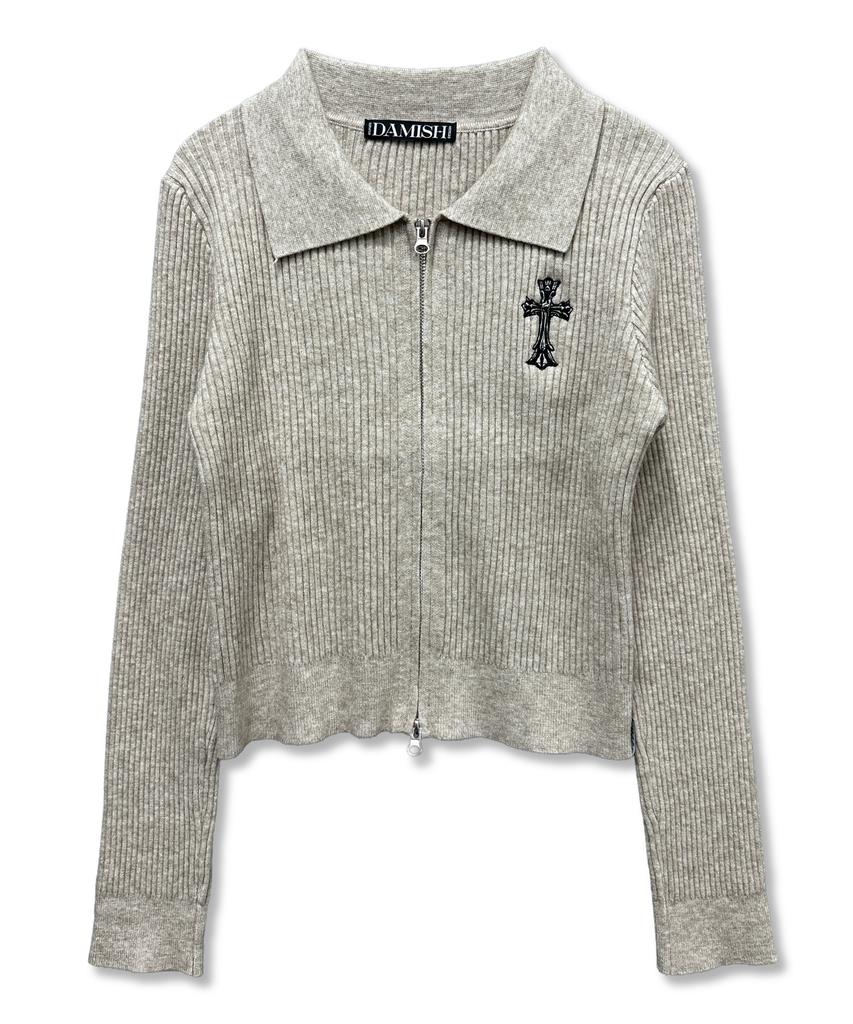 Damiswi Gothic Cross Embroidery Knit Zip-Up_Beige
