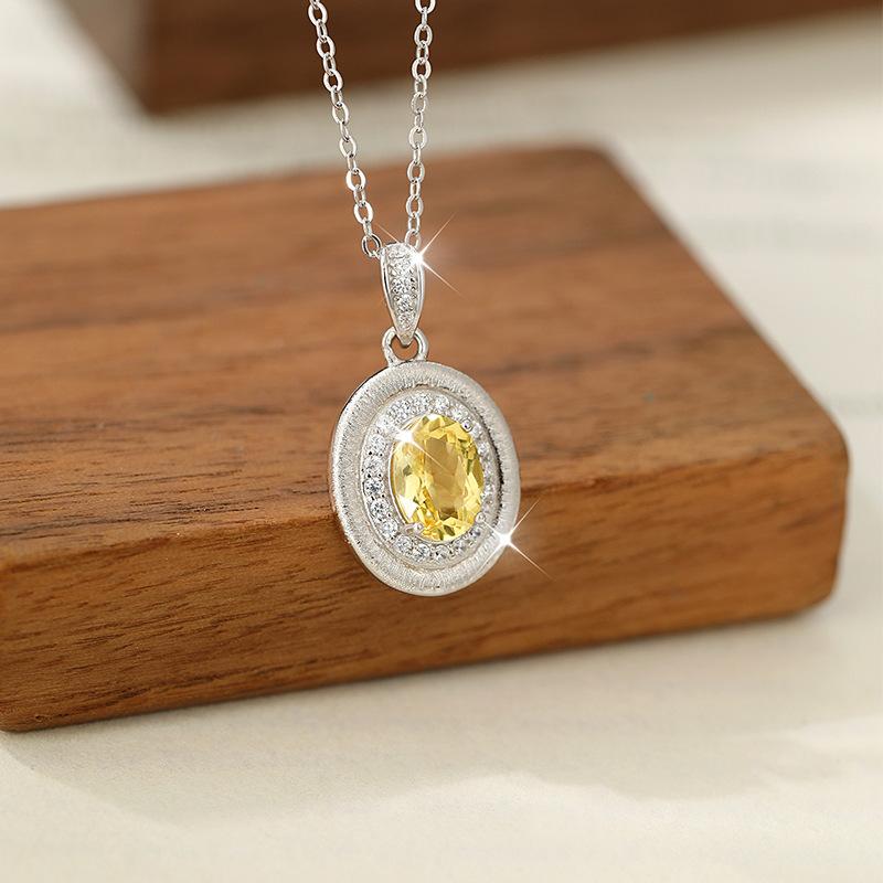 S925 Sterling Silver Clavicle Chain Oval Natural Crystal Pendant Luxury Wire Drawing Craft Minimalist Light Luxury Necklace For Women Daily Jewelry