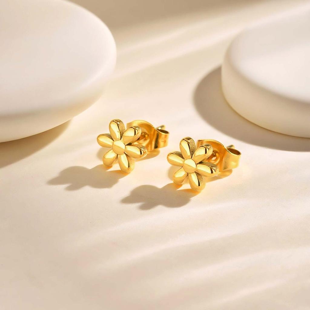7.5/8/8.5MM Minimalist Flower Stud Earrings for Women,Gold Color Stainless Steel Mini Earrings,Retro Jewelry Gift