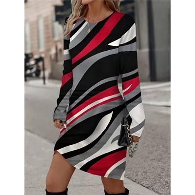 Long Sleeve Elegant Fashion Striped Women Mini Dresses All Season 3D Printed Street Ladies Dress