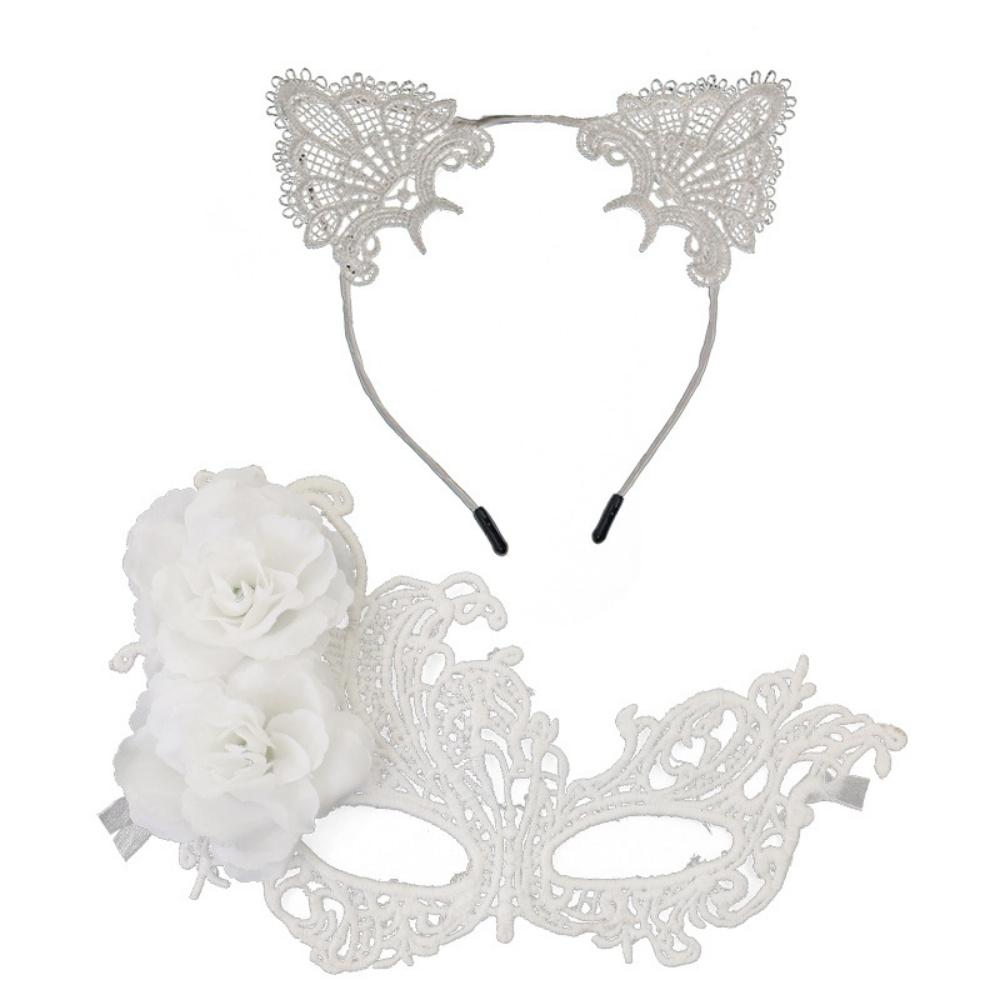 Halloween Party Mask Comfortable Half Face Lace Mask Cat Ear Headband Elegant Costume Mask Set For Dance Halloween Party Costume
