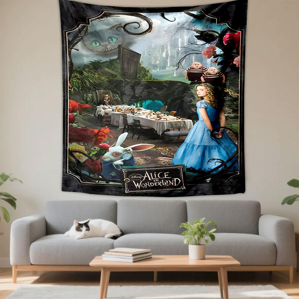 Alice in Wonderland Movie Poster Tapestry Wall Hanging, Tim Burton Fantasy Film Art, Whimsical Wall Decor for Bedroom Living Room Dorm