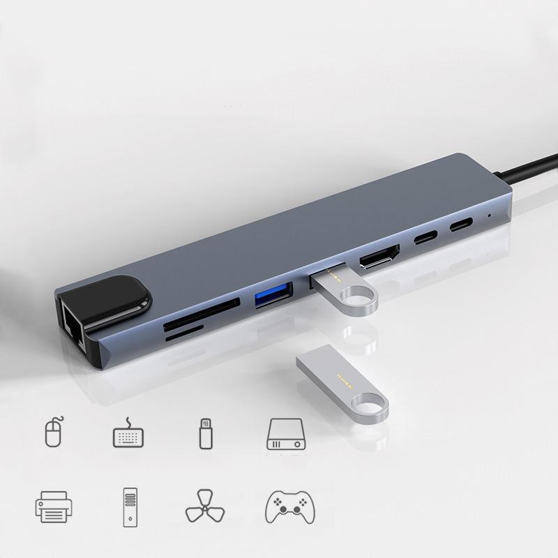 8 In 1 Type-C Hub RJ45 LAN USB-C To HDTV SD/TF USB 3.0 PD Docking Station
