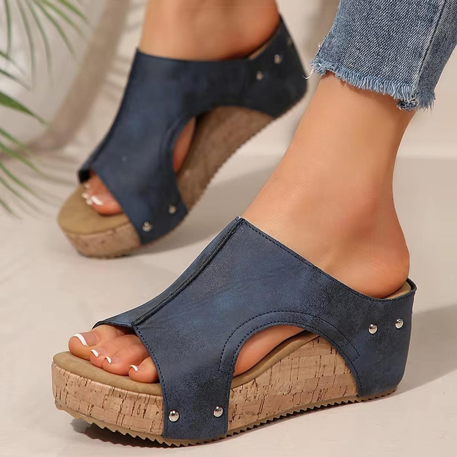 Women s Cork Stud Sandals Comfy Leather - Slippers 37 синий 1990₽