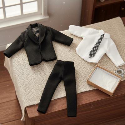 30cm Doll Clothes Set Male Suit for Kids, Display, Dollhouse Play Black Tie