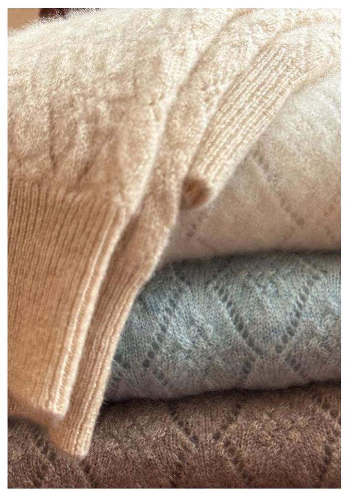 Women's Pure Cashmere High Neck Crochet Knit Sweater