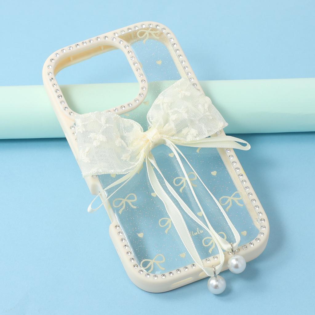 For iPhone 16 Pro Max Case Two Bow Epoxy Design TPU+PC Phone Back Cover Rhinestone Decor