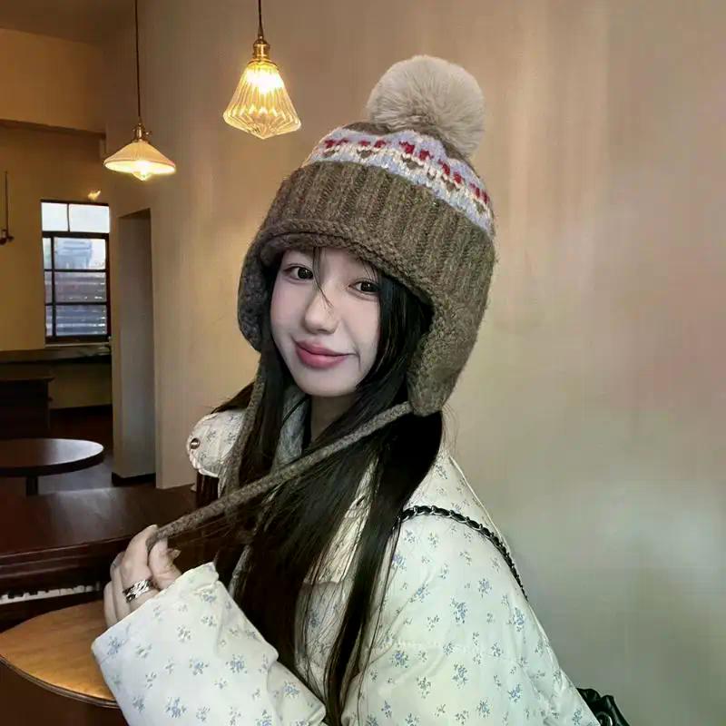 Fair Island Style Retro Jacquard Knitted Beanies Cap For Women Autumn Winter Warm Versatile Cute Pom-pom Ear Protection Hat