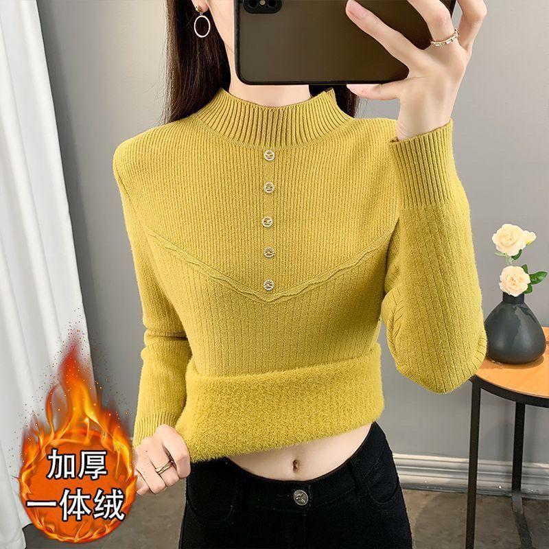Winter new integrated fleece fleece thickened breasted sweater with semi-turtleneck inside, top pullover S жёлтый
