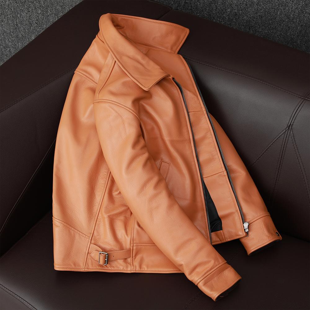 Japanese Waxed Genuine Leather Jacket Men Short Tail Slim Fit Biker Coat Fashion Outerwear