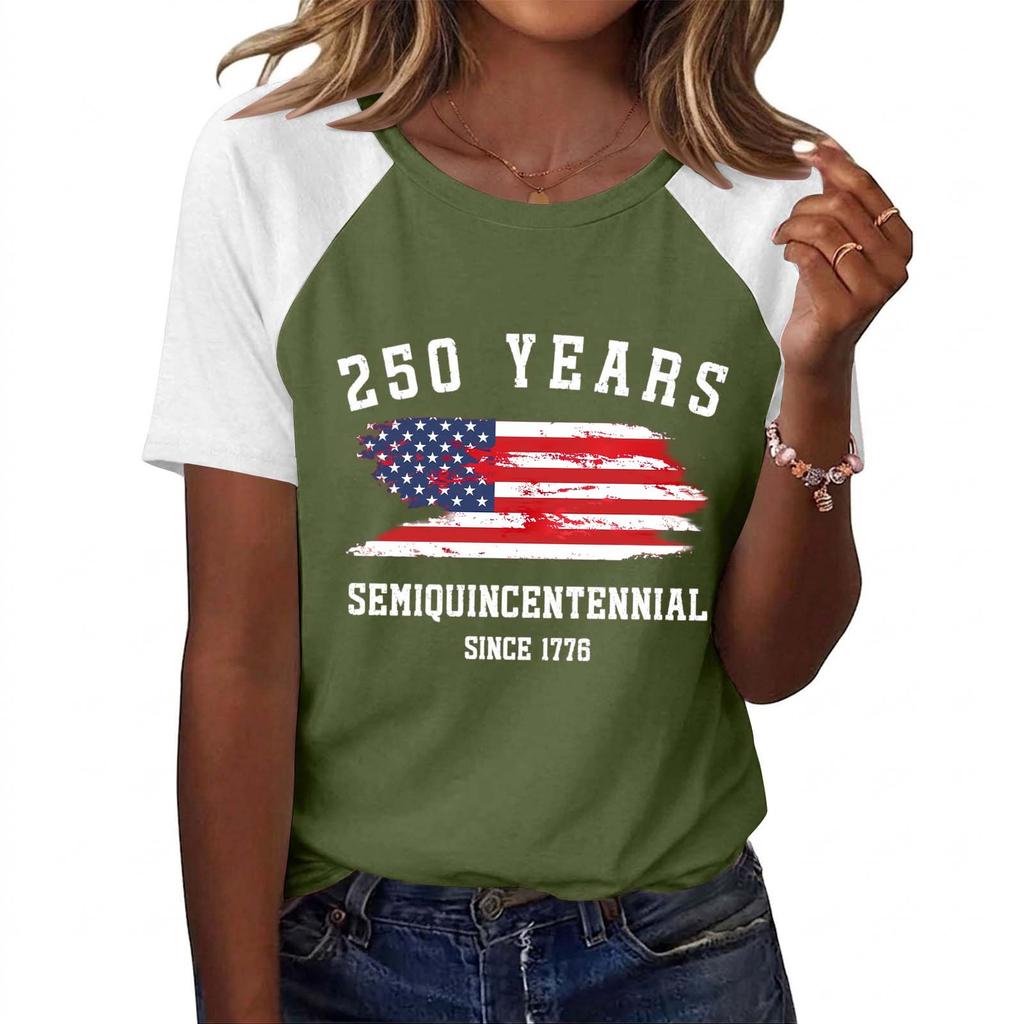 Women's Floral Patchwork Print Casual T-Shirt 0Th Anniversary USA Shirt Patriotic Tshirt