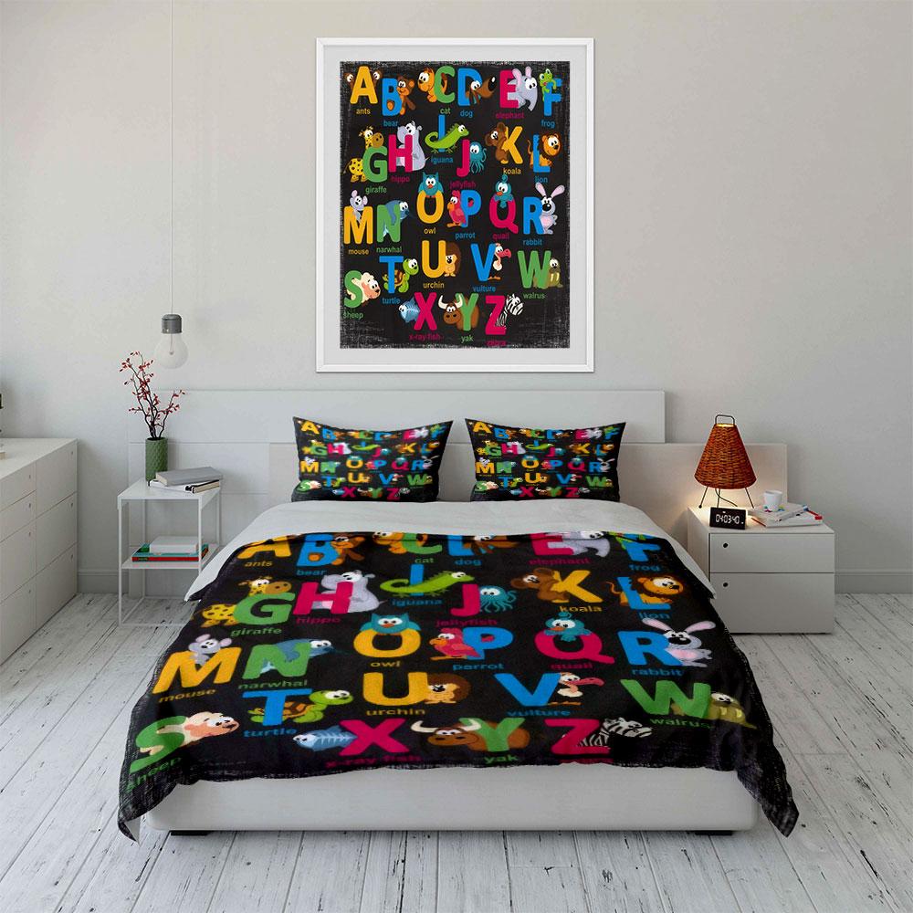 Animal Alphabet Learning Set Soft Skin-Friendly Bedding Set Includes 1 Duvet Cover And 2 Pillowcase Gift