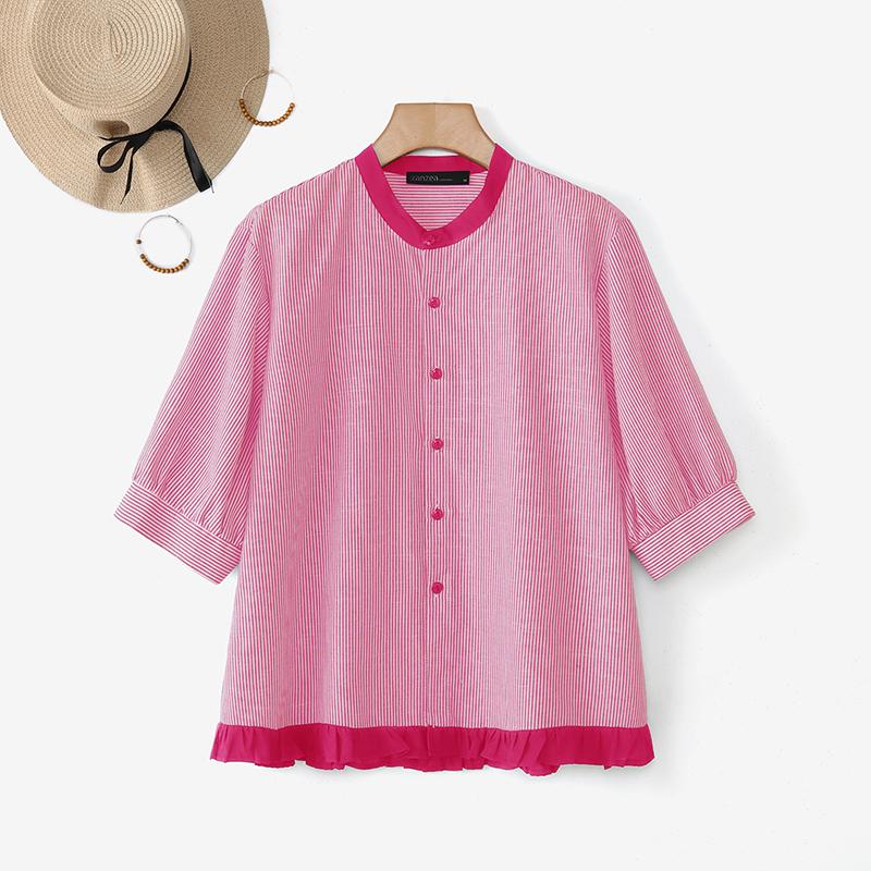 

ZANZEA Женская блузка с круглым вырезом, рукавами 3/4, свободная, в полоску темно-розовый