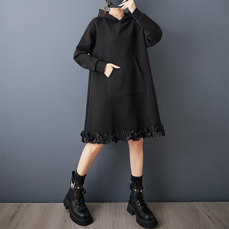DIMANAF 2025 Women Plus Size Autumn Shirt Dress Long Sleeve Hooded Loose Casual Oversize Vintage Dress Black