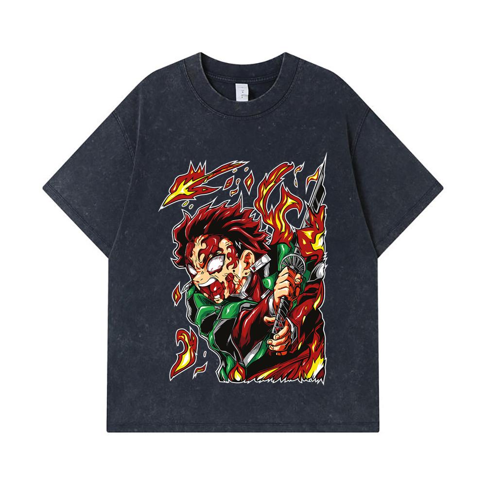 275 GSM Washed T-shirts 100% Cotton Demon Slayer V101 Tanjiro Print Unisex Heavy Cotton T Shirt