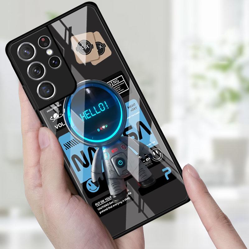 Phone Glass Case For Samsung Galaxy S22 S21 S20 Ultra FE S9 S10 S8 Plus Note 20 10 Lite 9 8 Cover Coque Cute Head Mini Astronaut