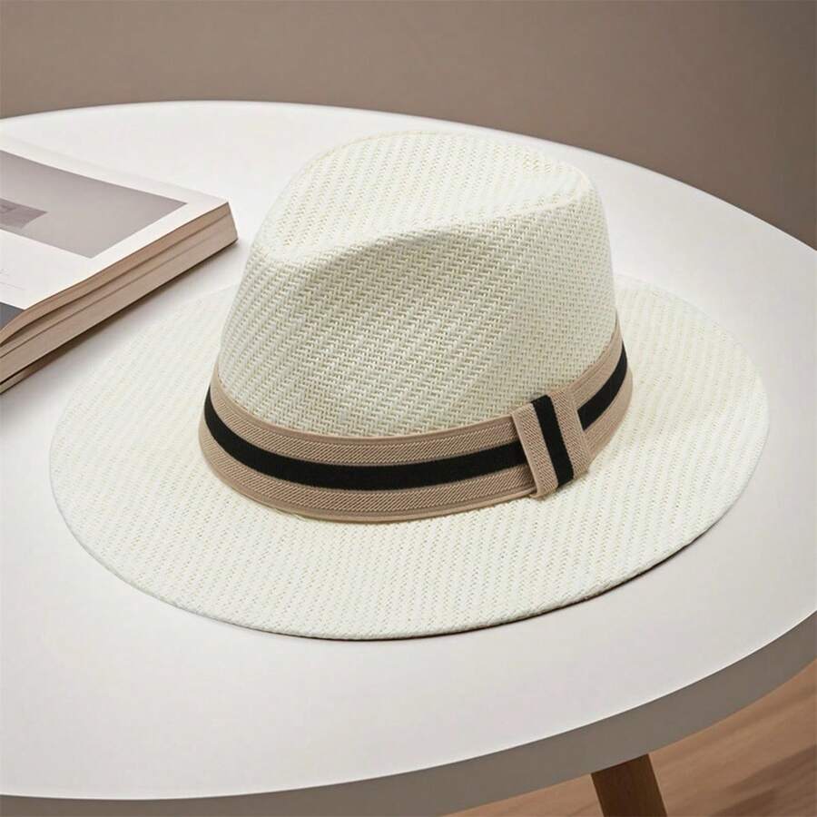 Unisex Straw Fedora Hat With Striped Band Wide Brim Summer Beach Sun Hat