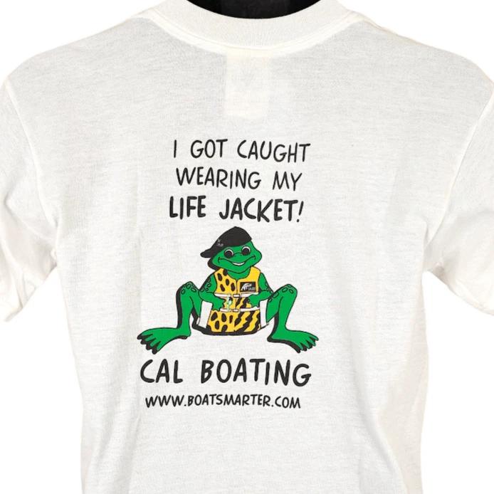 

Vintage Boating Frog 100% Cotton T-shirt Mens Tees Top Mens Size XS White 90s Life Jacket Made In USA S