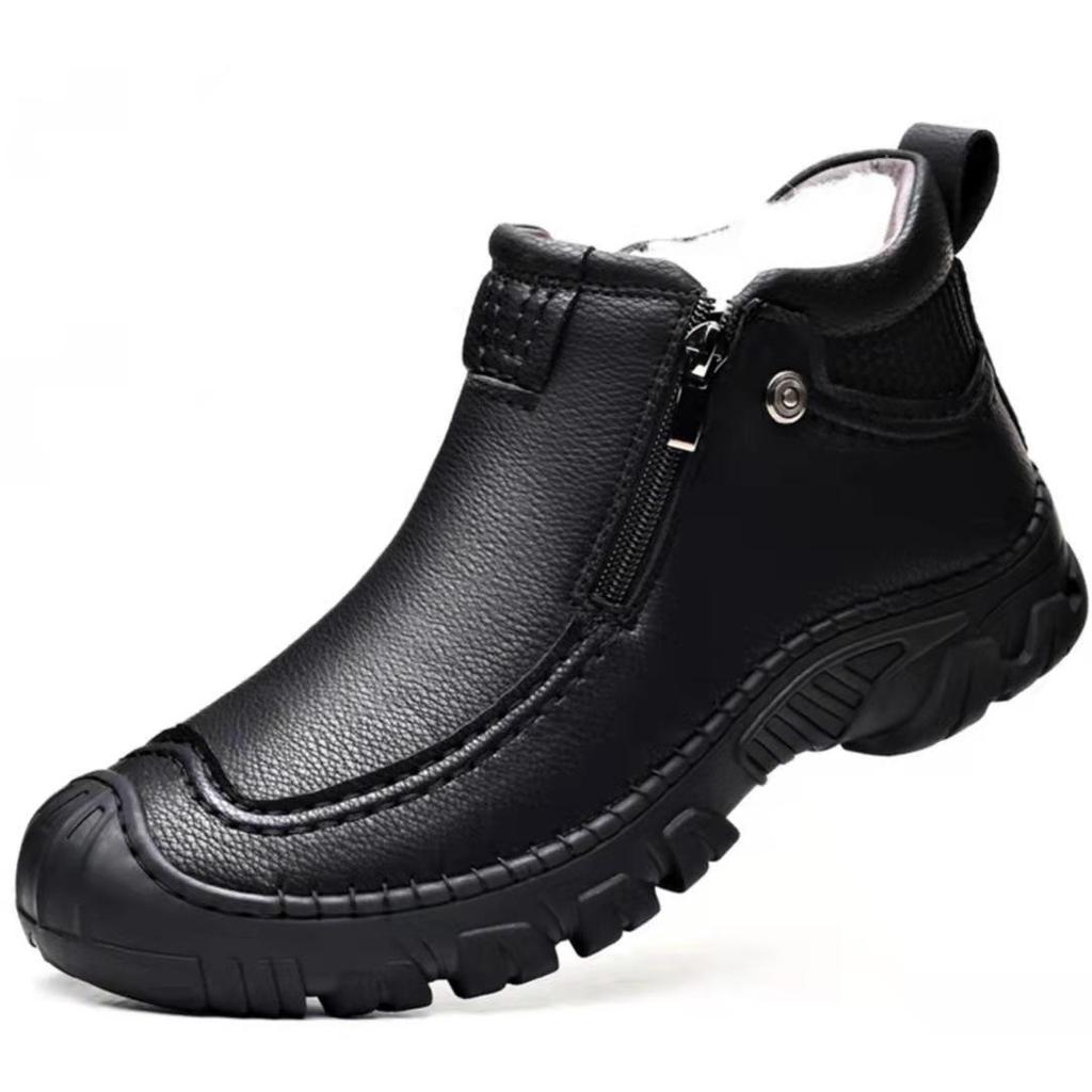 Winter Men Boots Thick Plush Warm Snow Boots Leather Zipper Men's Ankle Boots Platform Non-slip Waterproof Mens Hiking Shoes