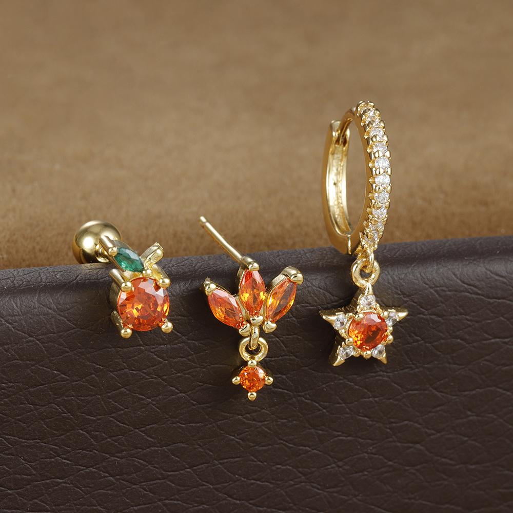 

Набор серег-подвесок со звездой из нержавеющей стали, 3 шт., для женщин, оранжевый кубический цирконий, винтовая серьга для хряща, фруктовая серьга, пирсинг, украшение