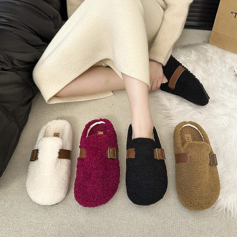 Women's retro lightweight and comfortable non-slip heightening winter warm plush lining non-slip durable casual cotton one-step half slippers