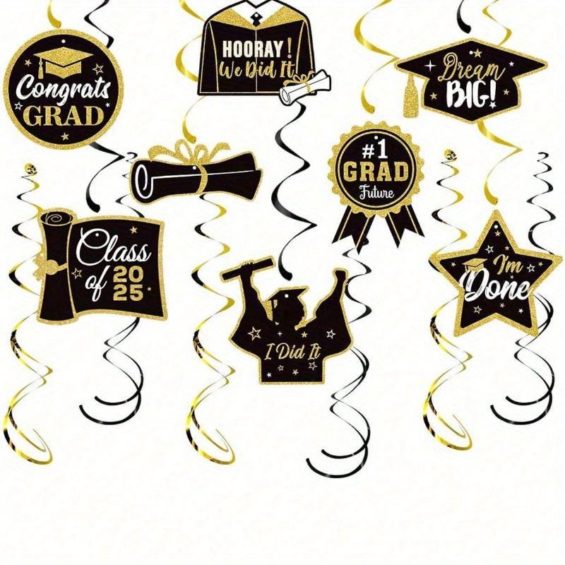 12 buc Aur, Negru Anul Absolvirii 2025 Ornamente Spirale pentru Petrecerea de Absolvire Decor Plafon Negru Auriu Accesorii Cabina Foto Petrecere de Absolvire Petrecere