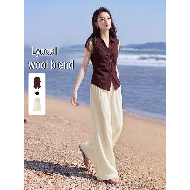 Old Money Style Pleated Shirt & Wide-Leg Pants Set L